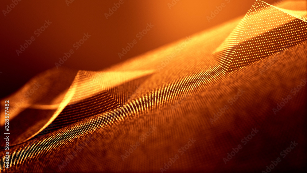 Poster abstract gold background of glow particles form lines, surfaces as futuristic structures in cyberspa