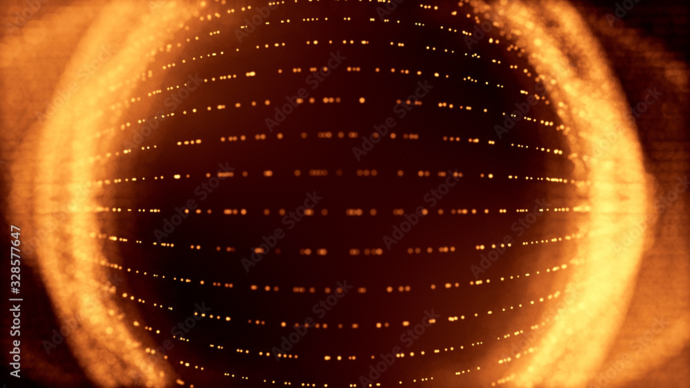 Poster abstract gold background of glow particles form lines, surfaces as futuristic structures in cyberspa