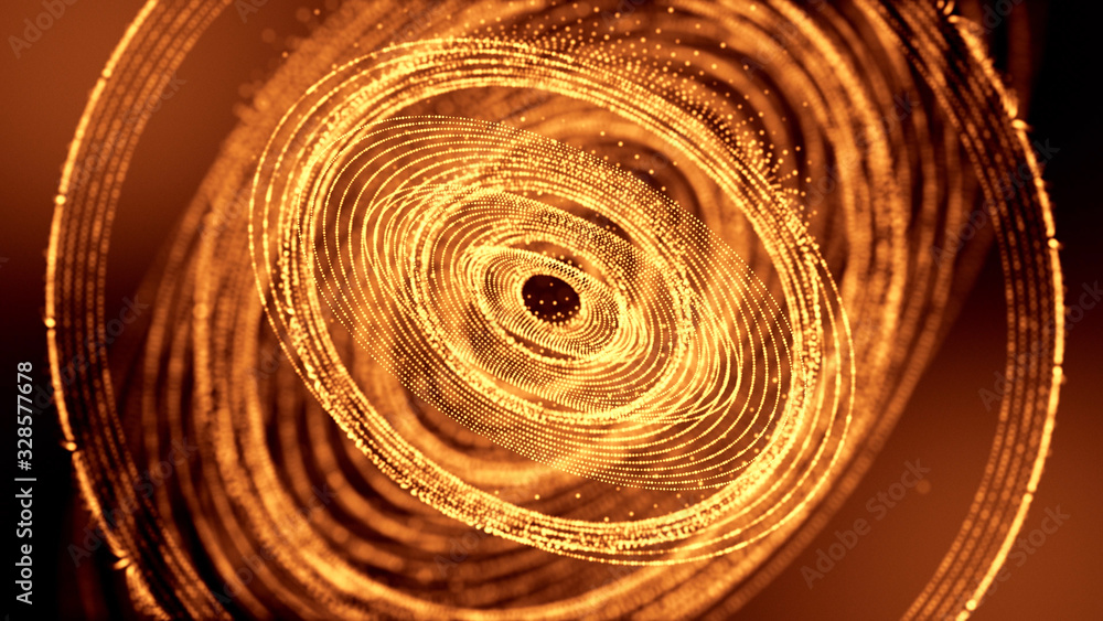 Poster abstract gold background of glow particles form lines, surfaces as futuristic structures in cyberspa