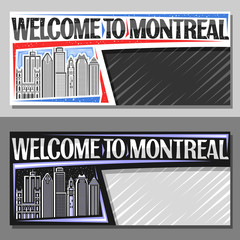 Vector layouts for Montreal with copy space, voucher with line illustration of famous montreal city scape on day and dusk sky background, art design tourist coupon with words welcome to montreal.