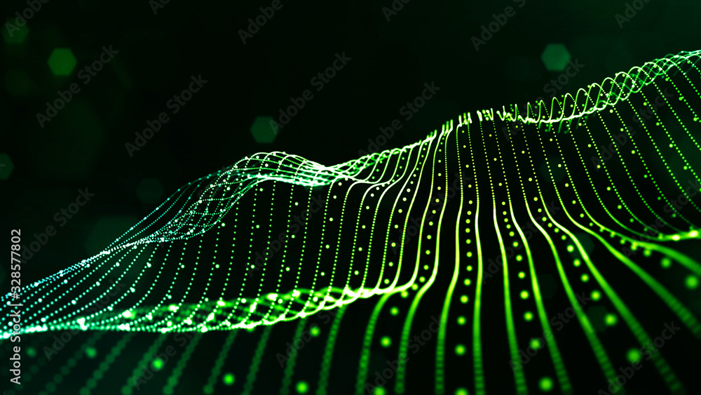 Poster abstract sci-fi background with glow particles form curved lines, surfaces, hologram structures or v