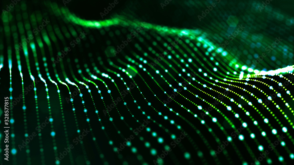 Poster abstract sci-fi background with glow particles form curved lines, surfaces, hologram structures or v