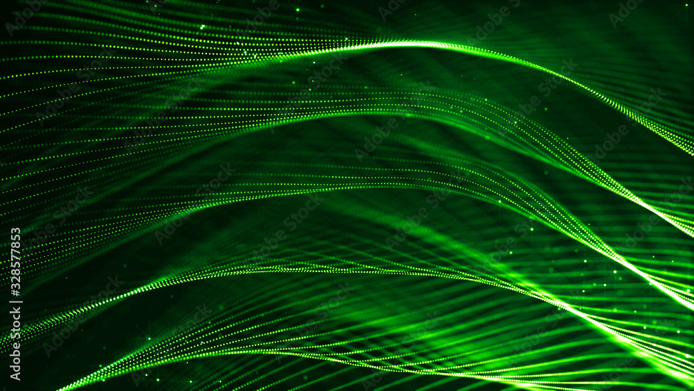 Poster abstract sci-fi background with glow particles form curved lines, surfaces, hologram structures or v