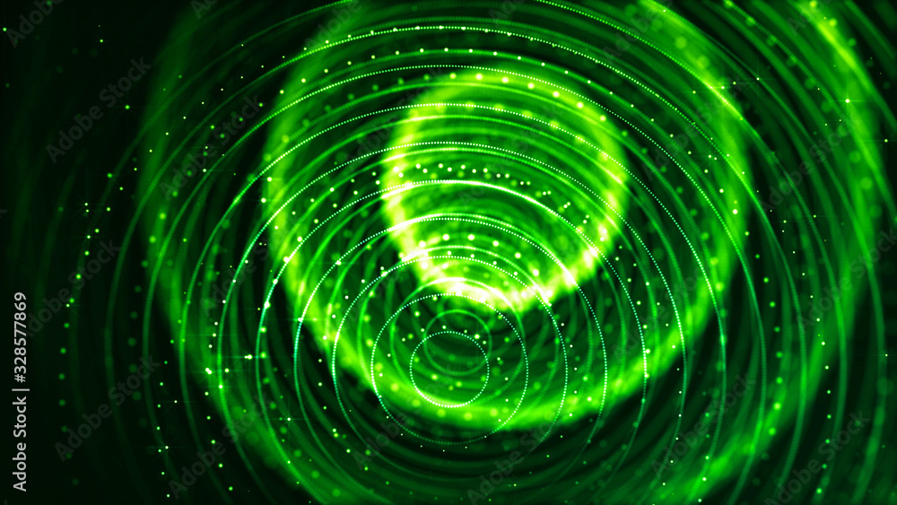 Poster abstract sci-fi background with glow particles form curved lines, surfaces, hologram structures or v