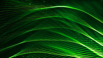 abstract sci-fi background with glow particles form curved lines, surfaces, hologram structures or virtual digital space. Green motion design background of microworld or cosmic space. Strings 43