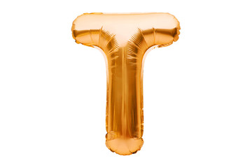 Letter T made of golden inflatable helium balloon isolated on white. Gold foil balloon font part of full alphabet set of upper case letters. Celebrating decoration