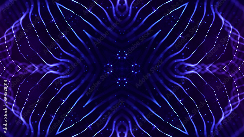 Poster abstract sci-fi background with glow particles form curved lines, surfaces, hologram structures or v