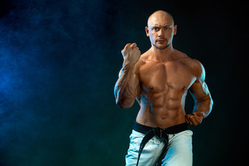 Karate or taekwondo fighter on black background with smoke. Fit man sportsmen bodybuilder physique...