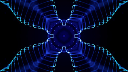 abstract sci-fi background with glow particles form curved lines, surfaces, hologram structures or virtual digital space. Blue motion design background with symmetrical pattern. Cross structure 29