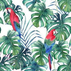 Summer seamless pattern  with green watercolor palm leaves and parrots on white background. Tropical print.  Hand drawn illustration