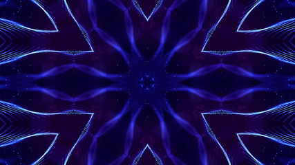 blue motion design background with symmetrical star pattern. Abstract sci-fi background with glow particles form curved lines, surfaces, hologram or virtual digital space. Floral structure