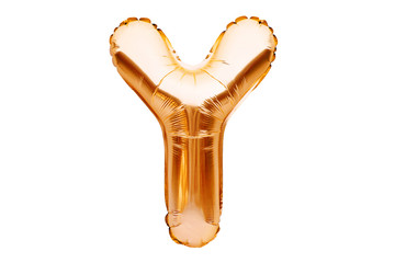 Letter Y made of golden inflatable helium balloon isolated on white. Gold foil balloon font part of full alphabet set of upper case letters. Celebrating decoration