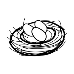 A Hand drawing black vector Illustration of a bird nest with a group of three eggs isolated on a white background