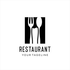 The restaurant logo with spoons, glasses and wine bottles in the negative room. Design of food and wine symbols. Creative emblems for restaurants or wine bars.