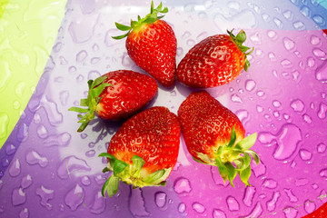 Fresas recien cogidas en un fondo colorido con gotas de agua