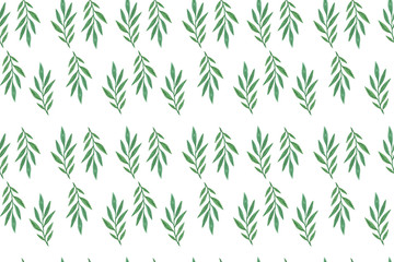 Repeat pattern of watercolor fancy green leaves on the white background