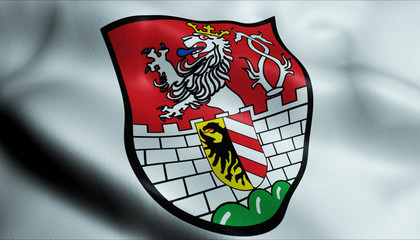 3D Waving Germany City Coat of Arms Flag of Grafenberg Closeup View