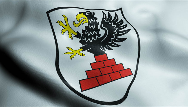 3D Waving Germany City Coat of Arms Flag of Grimmen Closeup View