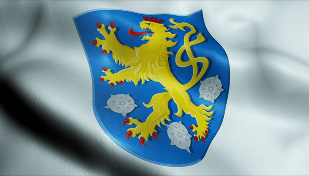 3D Waving Germany City Coat of Arms Flag of Geldern Closeup View