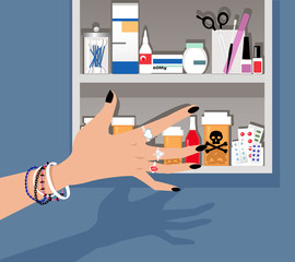 Teenage girl's hand reaching for a dangerous drug in a medicine cabinet, EPS 8 vector illustration