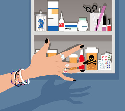 Teenage Girl's Hand Reaching For A Dangerous Drug In A Medicine Cabinet, EPS 8 Vector Illustration