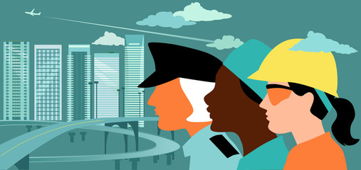 Obraz premium Profile of female police officer, healthcare worker and construction worker with a city landscape background, EPS 8 vector illustration