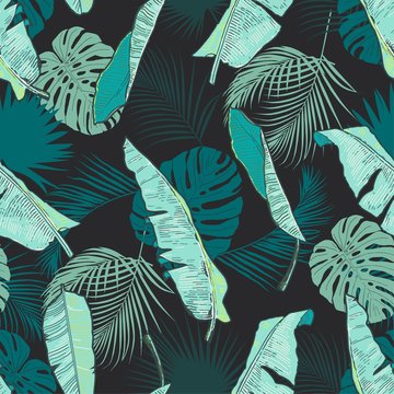 Tropical floral banana palm leafs seamless vector pattern