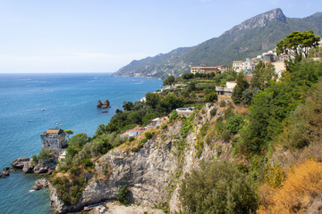 Fototapeta na wymiar Beautiful panorama view of nature rocky mountain summer south Italy coast with blue sea water horizon 