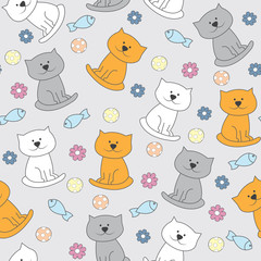 Seamless pattern with cute cats. It can be used for wallpapers, cards, patterns for clothes and other.