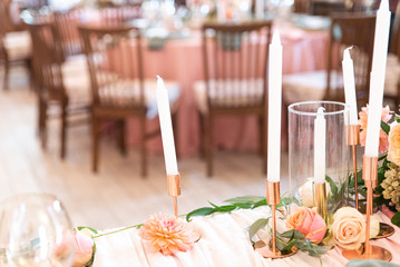 Elegant decor of a wedding bank in peach and green