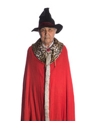 portrait of an old magician on a white isolated background