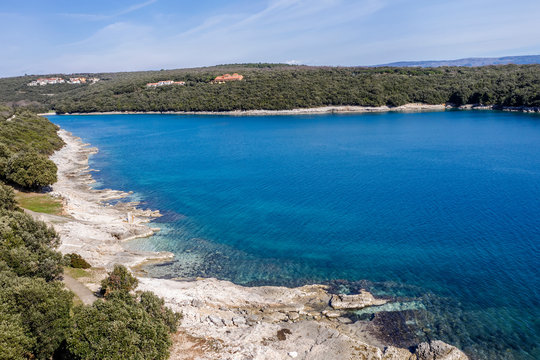 An aerial view of beautiful beachin Duga Uvala, Istria, Croatia