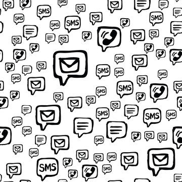 Smart phone, SMS and email communications seamless pattern. Hand drawn interaction icons randomly placed on white background. Wrapping or web repeating texture. Vector eps8 illustration.
