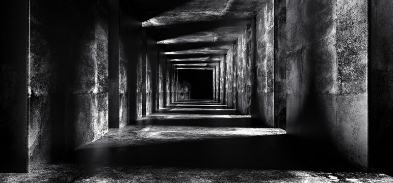 Long Sci Fi Empty Minimalistic Dark White Lighted Grunge Concrete Black End Corridor Tunnel With Empty Space For Text And Big Concrete Columns 3D Rendering