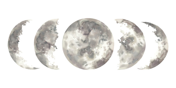 Watercolor moon phases. Hand drawn elements collection. Various space objects isolated on white background.