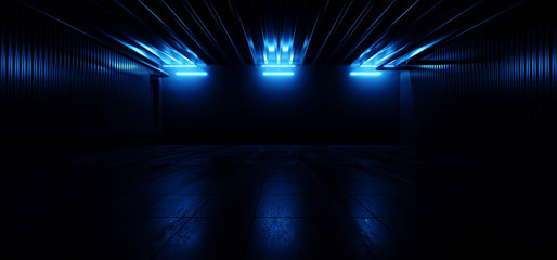 Sci Fi Futuristic Studio Stage Dark Room Underground Warehouse Garage Neon Led Laser Glowing Pantone Classic Blue Beams On Concrete Tiled Floor Reflective Empty Cyber 3D Rendering