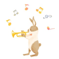 Cartoon animal playing music, rabbit, trumpet  © maoette