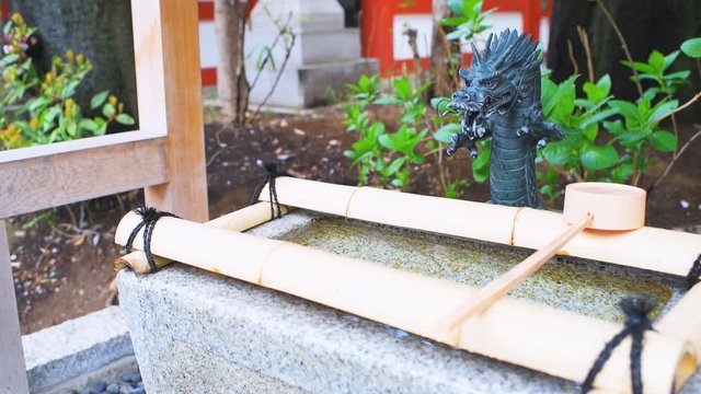 Tokyo, Japan Hie shrine entrance water purification fountain with green Japanese garden in shallow depth of field background