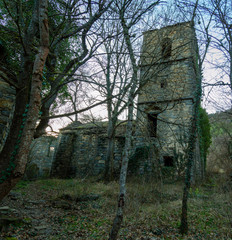 abandoned village of lacort located on the riverside of the river ara in the province of huesca...