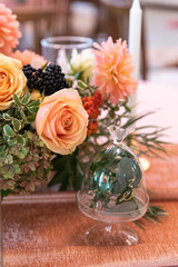 Elegant decor of a wedding bank in peach and green