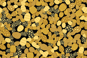 Golden tones easter eggs randomly placed on black background. Decorative seamless pattern. Texture suitable for wrapping or greeting card. Vector eps8 illustration.