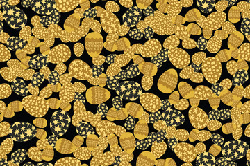 Golden tones easter eggs randomly placed on black background. Decorative seamless pattern. Texture suitable for wrapping or greeting card. Vector eps8 illustration.