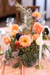 Elegant decor of a wedding bank in peach and green