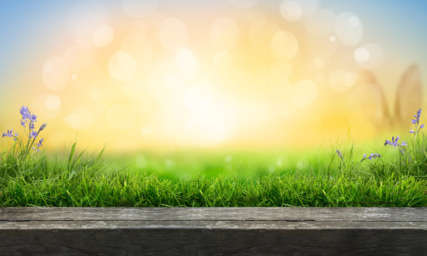 A wooden table top product display with a fresh sunny Easter background of blue sky and  warm bokeh with green grass meadow foreground.