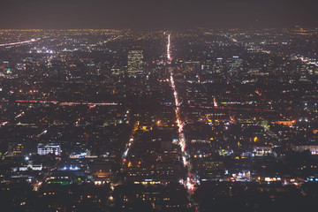 Beautiful super wide-angle night aerial view of Los Angeles, California, USA, with downtown...