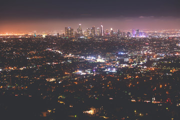 Beautiful super wide-angle night aerial view of Los Angeles, California, USA, with downtown...