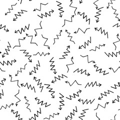 Hand drawn zigzag arrows randomly placed on white background. Seamless pattern. Right, left, up and down abstract pointers with arrowheads wrapping texture. Vector eps8 illustration.