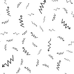 Obraz premium Hand drawn zigzag arrows randomly placed on white background. Seamless pattern. Right, left, up and down abstract pointers with arrowheads wrapping texture. Vector eps8 illustration.