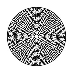 Difficult circle maze. Hard round vector labirinth. Vector black circle maze on white background. Education puzzle with search of solution. Circular isolated labirinth. A game for logic find way exit.