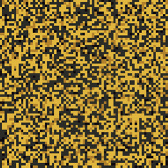 Pixel mosaic seamless pattern in golden tones. Repeating texture with gold colored square points. Geometric vector background.